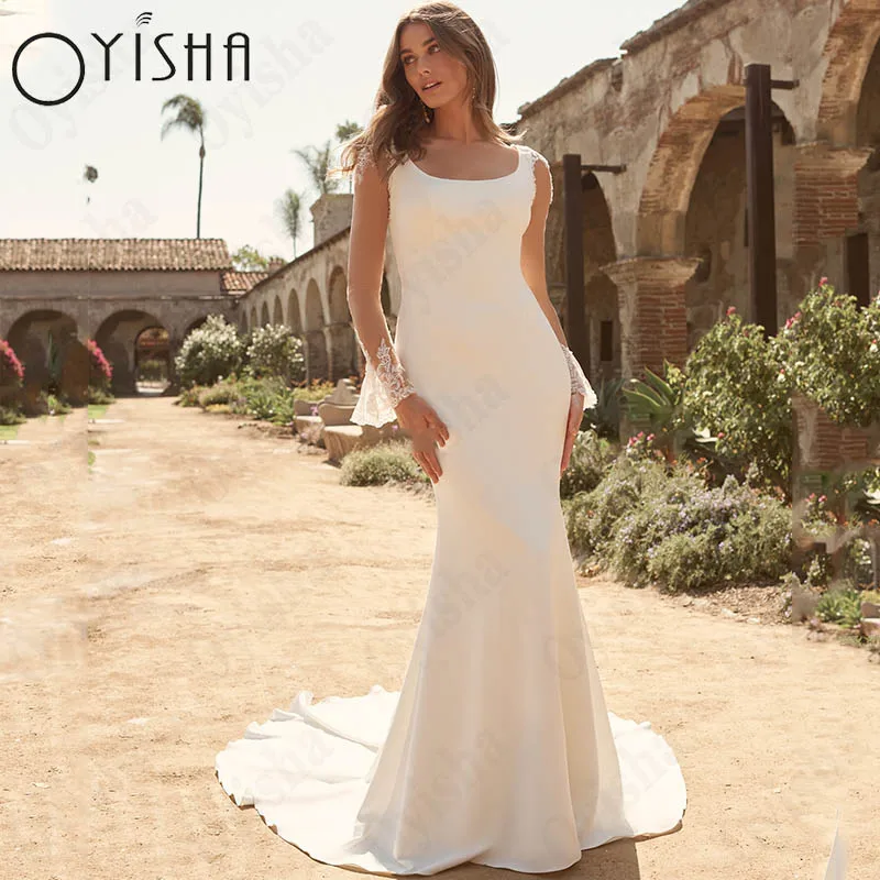 

Oyisha Classic Square Neck Wedding Dresses For Women Illusion Back Buttons Bridal Party Flare Sleeves Appliques Vestido De Novia