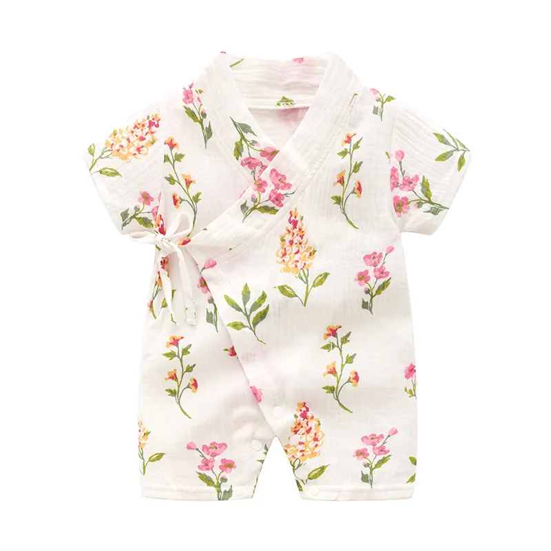 

Baby One-piece Belt Romper Summer Short Sleeve Newborn Clothes 0-2 Years Toddler Girls Printed Flower Cotton Onesie Clothing