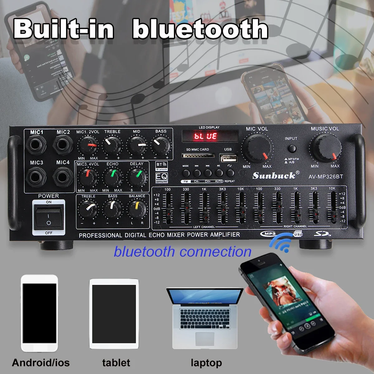 Фото 6188BT Bluetooth аудио усилитель 12 В 220 В 326BT цифровой стерео усилитель с поддержкой входа микрофона USB SD FM AUX для домашнего автомобиля №4