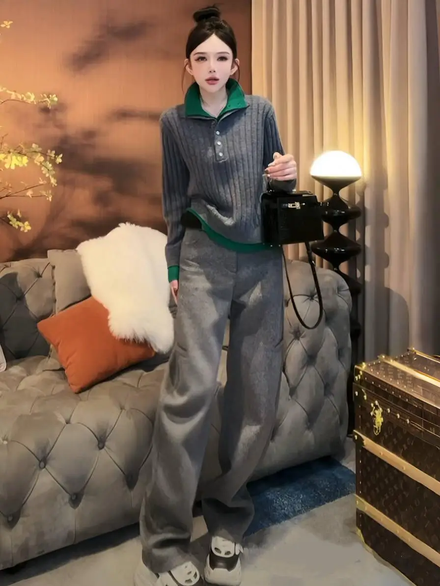 2024 Autumn and Winter New Age-Reducing Fashion Gray Knit Women High-Grade Versatile Loose Casual Pants Two-piece Suit