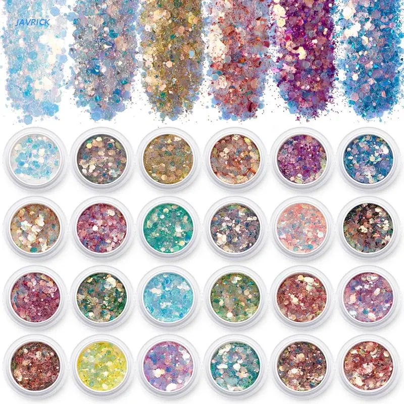 

24 Colors Glitter Powder Sequins Holographic Chunky Glitter Sequins for Resin Crafts Filler Body Face Nail Art Decor