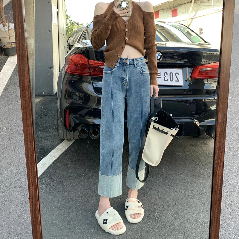 

N0656 Rolled straight jeans new high waist thin wide leg pants small nine points cigarette pants jeans