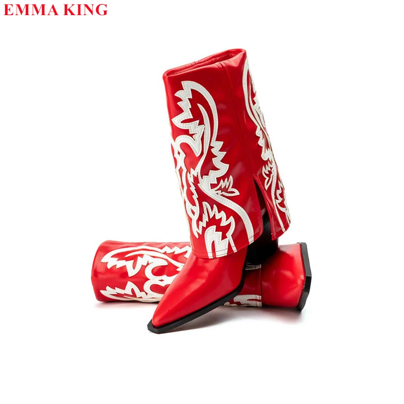 Женские ковбойские ботинки с вышивкой красные в стиле ретро на массивном высоком