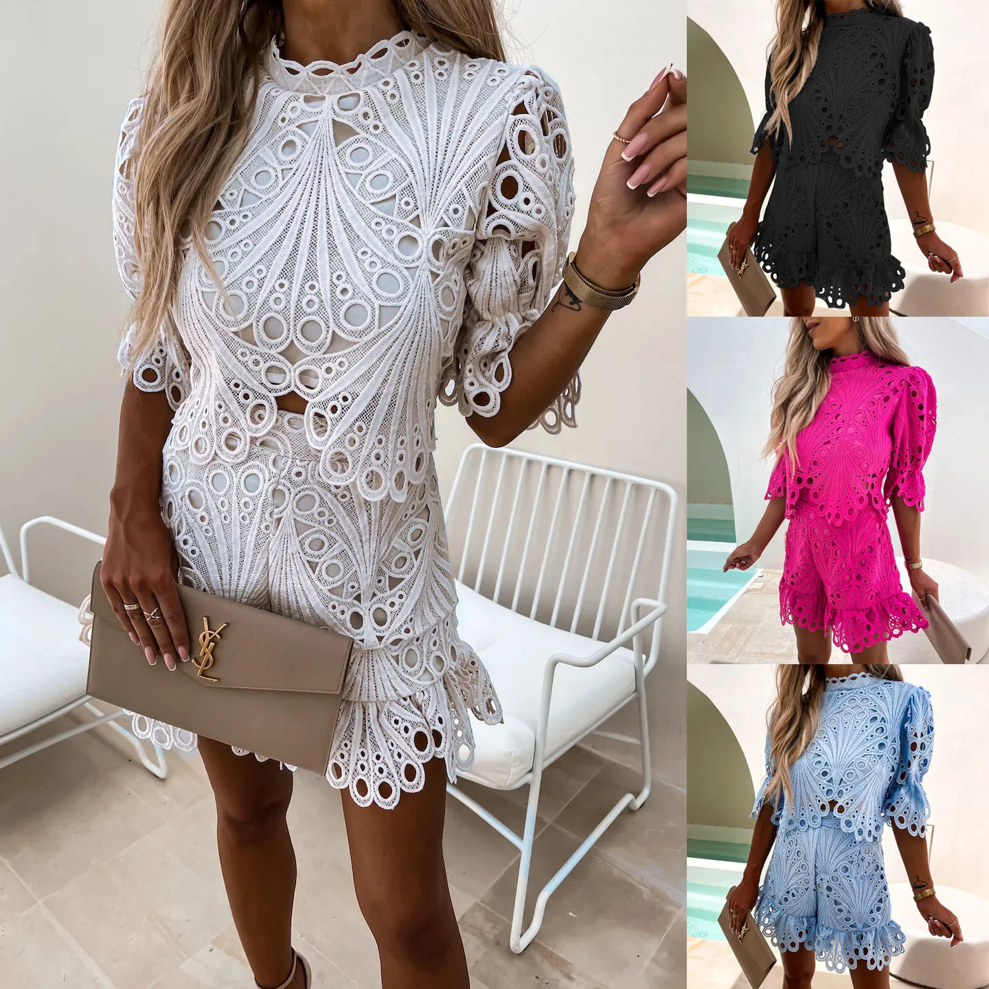 

New Fashion Lace Set Ins Leisure Loose Fitting Hollowed Out Zipper Two Piece Set For Women