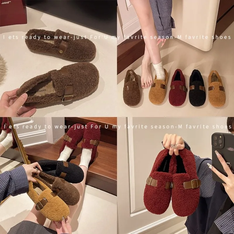 Зимние теплые плюшевые сабо женские меховые тапочки с одним ремешком уютная
