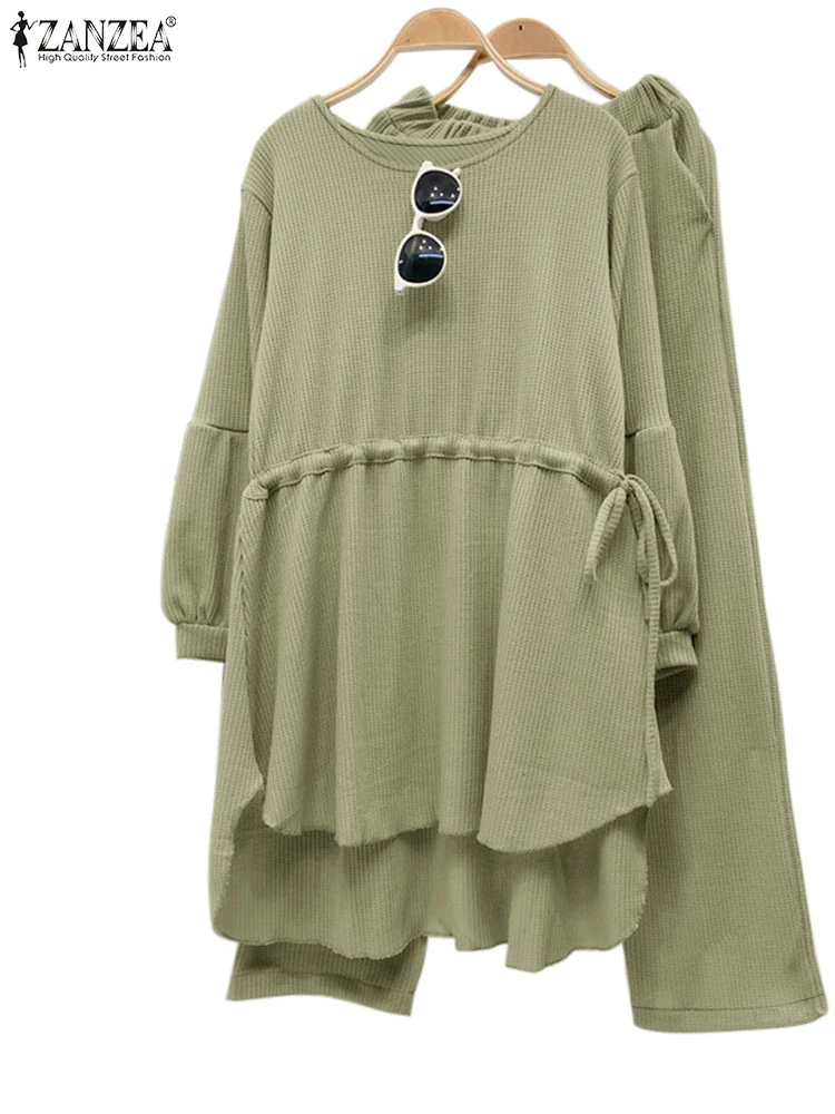 ZANZEA осенние женские однотонные комплекты из 2 предметов повседневные топы на