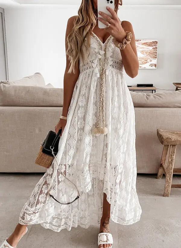 

Women Long Dress Sleeveless Hollow Out Tassel Sexy V Neck Elagant Party Beach Dress Female Solid Color Large Skirt Hem 2XL