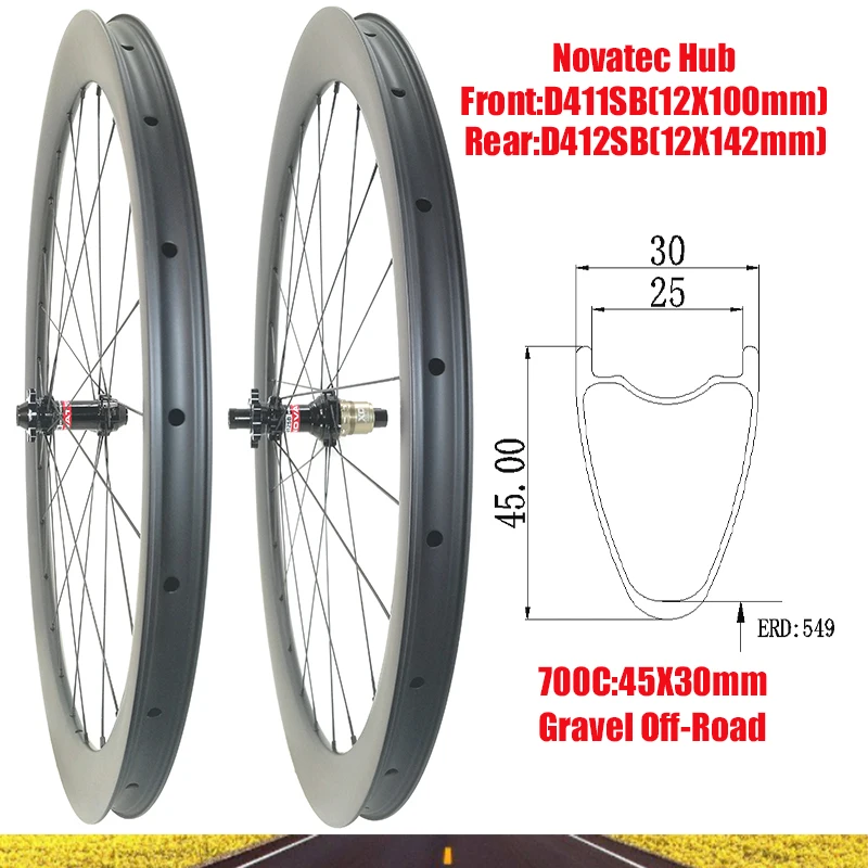 

700C Gravel Off-Road 45*30mm Carbon Wheelset 24 Hole Rim Deep 45 Wide 30 Novatec D411SB D412SB HG XD XDR Hub Pillar Wing20 Spoke