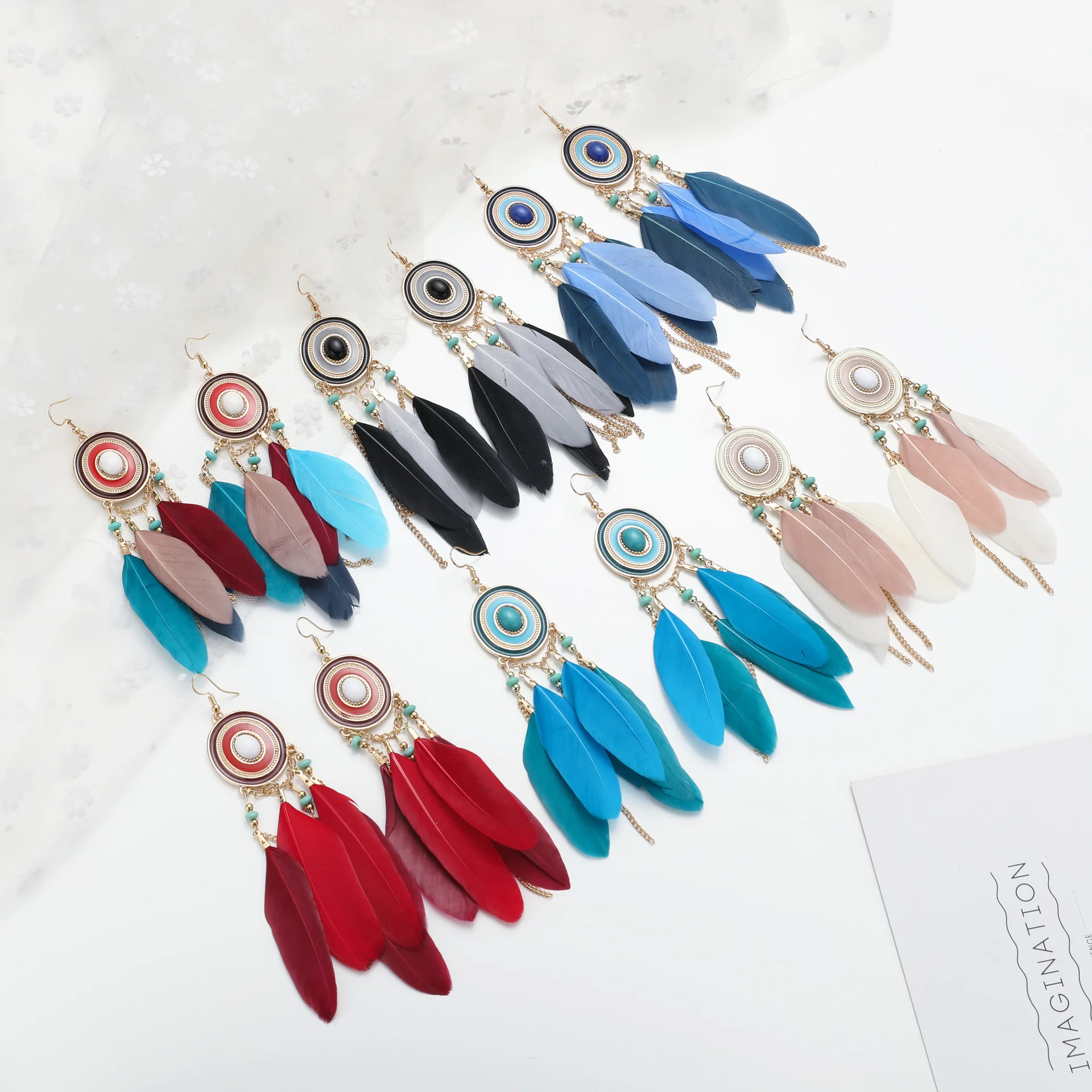 

New 2022 Beach Resort Beach Ethnic Tassel Fairy Long Feather Earrings