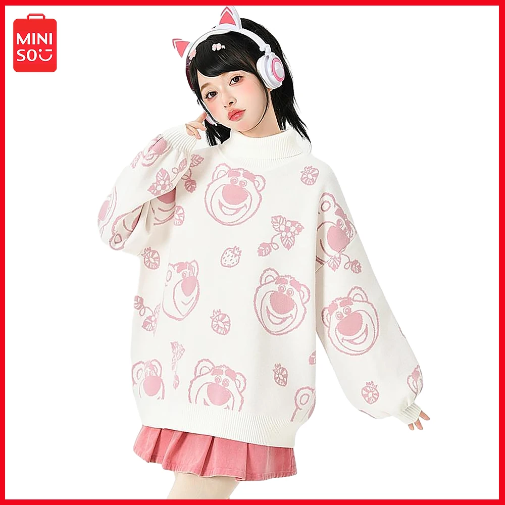 

Miniso Lotso Student Turtleneck Color Contrast Loose Cartoon Jacquard Sweater Loose Pullover Autumn Winter Warm Top Birthday