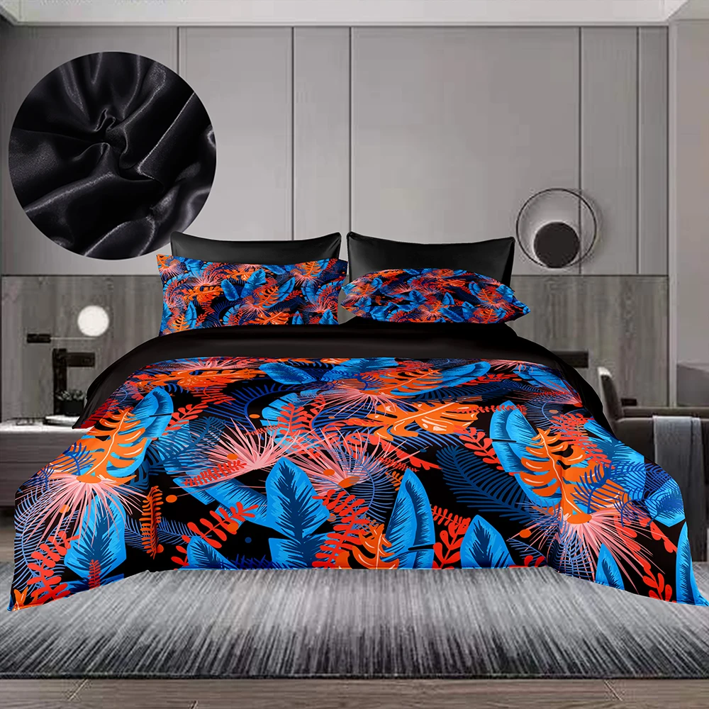 

Комплект постельного белья из искусственного сатина, с цветным рисунком листьев, пододеяльником и пододеяльником, размер Queen/King, цвет черны...