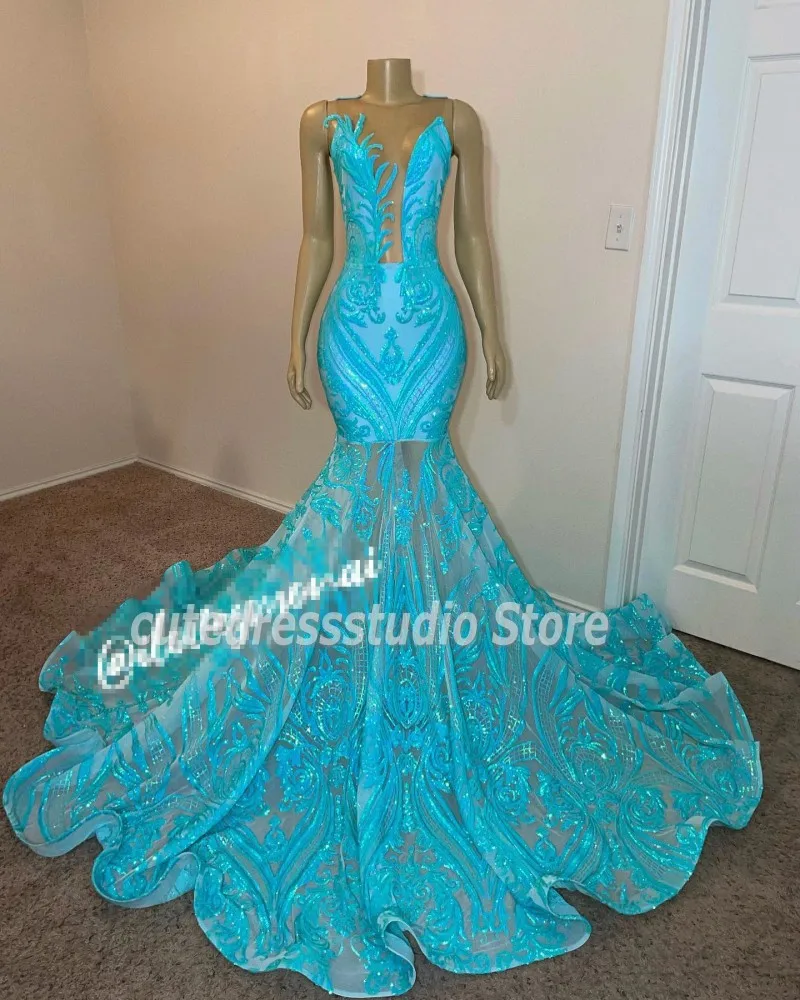 

2K22 Sky Blue Mermaid Prom Dresses For Women Party Sequin Evening Gowns Backless robe de soirée Graduation Dress Long Sleeves
