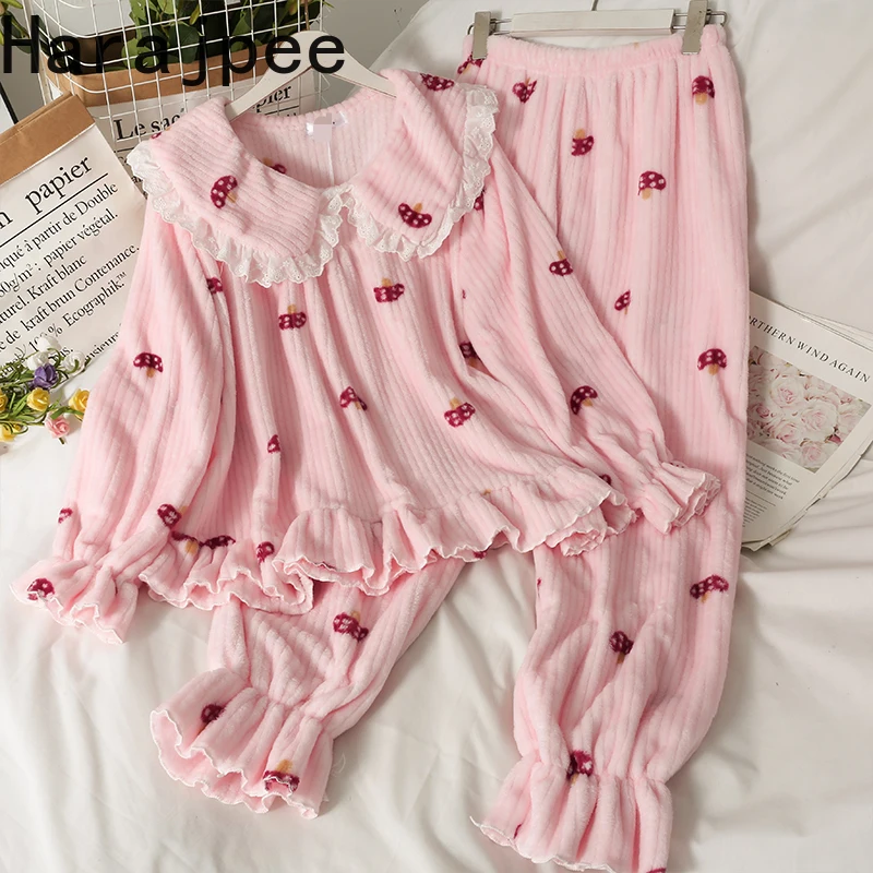 

Harajpee Sweet Pajama Cherry Print Lace Lapel Long Sleeve Home Clothes Two-piece Loose Pullover Top Elastic Waist Thin Pants Set