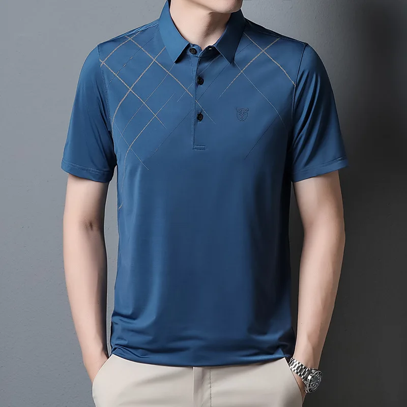 

2022 Summer New Men's Polo Shirt Lapel Short-sleeved Ice Silk T-shirt Casual Striped Daily Shirt