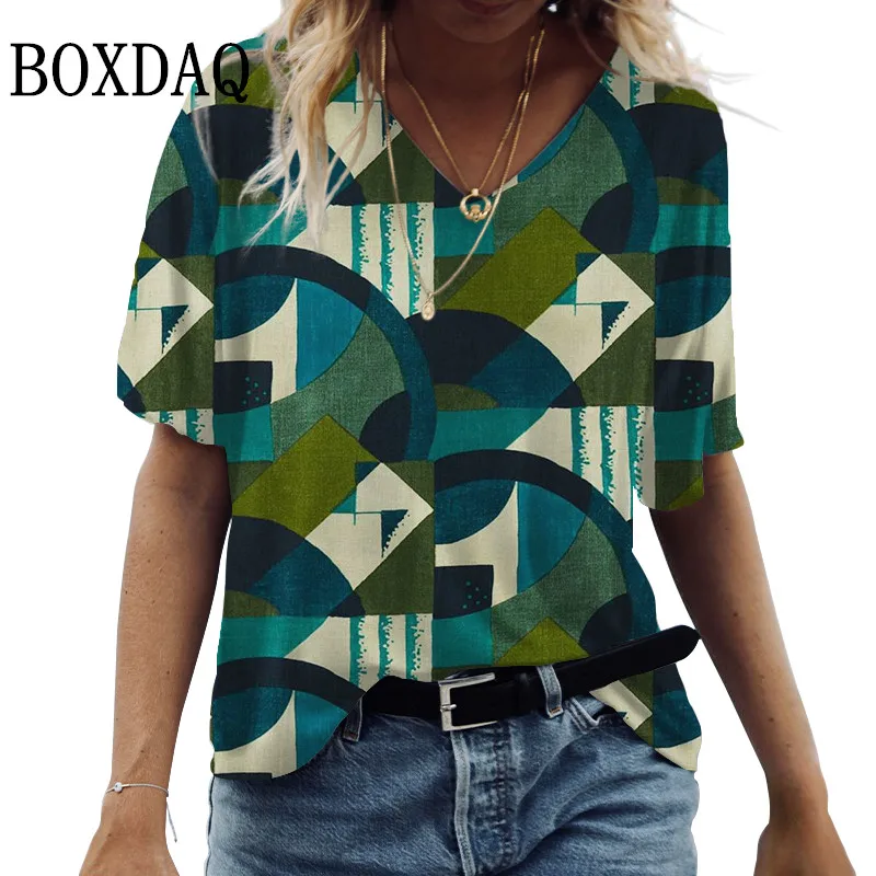 

Женская футболка большого размера с v-образным вырезом и принтом модная уличная повседневная футболка в стиле Харадзюку с геометрическим р...