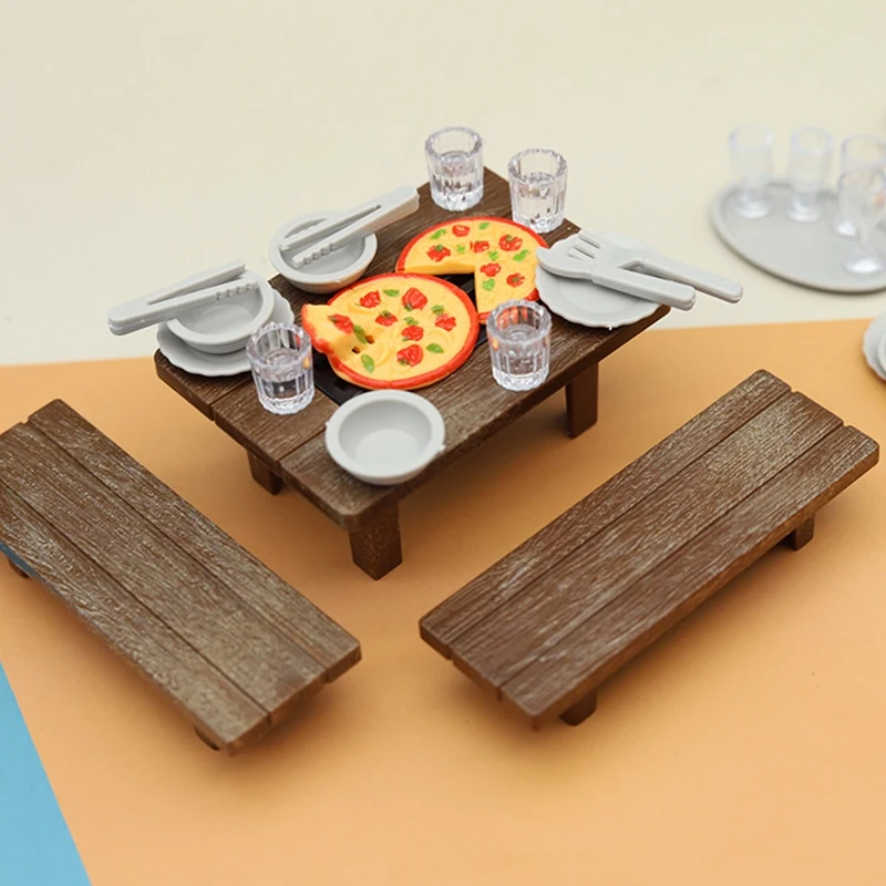 

1/18 миниатюрные столы и стулья для кукольного домика для барбекю, бокалы для пиццы, вина, украшение стола, игрушки, аксессуары