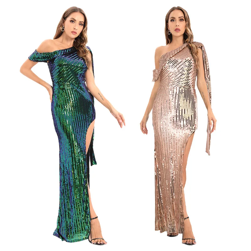 

Luxury Evening Cocktail Party Dress for Women Prom Sequins Shinning One Shoulder Sleeve High Slit Vestido Estilo Sirena