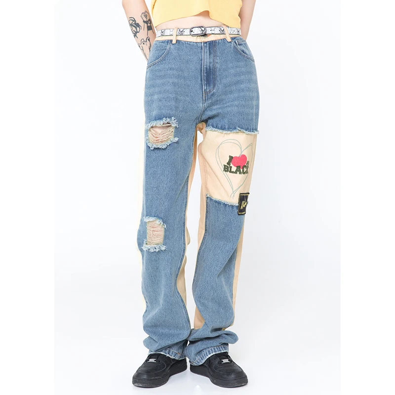Hole Ripped Embroidery Spliced Denim Trousers Men and Women Oversize High Street Casual Jeans Pants Loose Color Block Jean