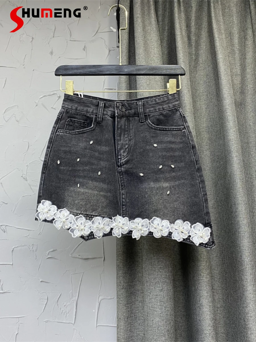 

Ladies Black High Waist Irregular Above Knee Denim Skirt Women 2022 Summer New Korean Style Fashionable Rhinestone Flower Skirt