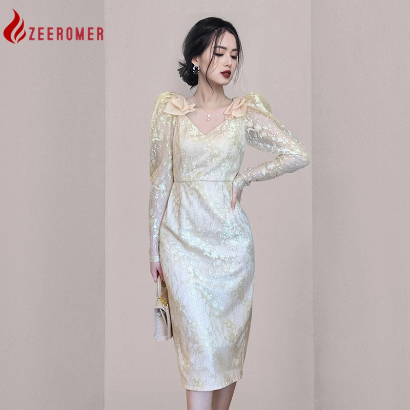 

2022 Spring New French Woman Dress Elegant V-Neck Long Sleeve High Waist Slim Gentle Temperament Bow Lace Dress Korean Prom Gown