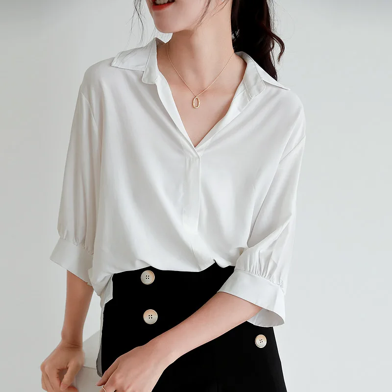 

Summer Irregular V-Neck White Women's Blouses 2023 New Elegant Lantern Sleeve Casual Office Shirts Tops Female
