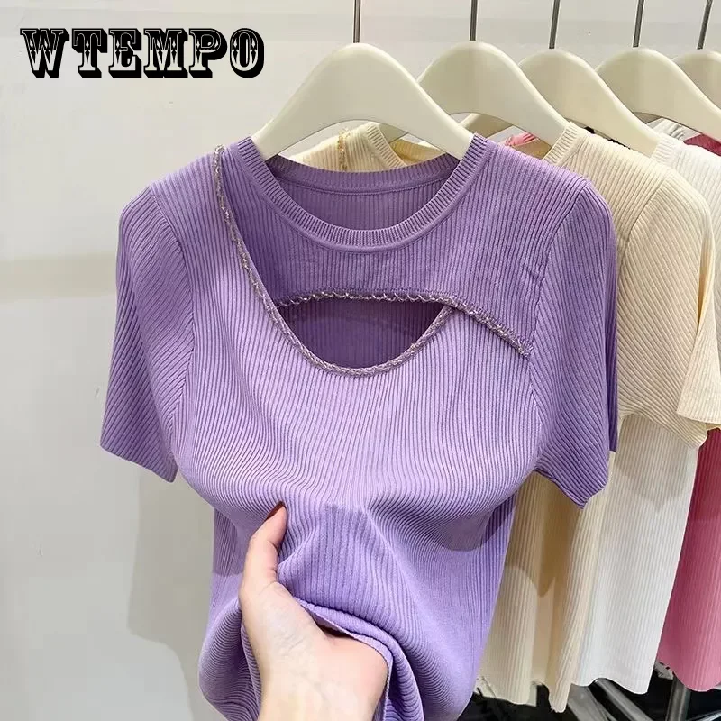 

Женская трикотажная рубашка WTEMPO, Розовая тонкая дышащая футболка с коротким рукавом и круглым вырезом, модные топы в Корейском стиле на лет...