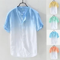 100 pure linen summer gradient shirts for men short sleeve fashion shirt man casual stand collar tops