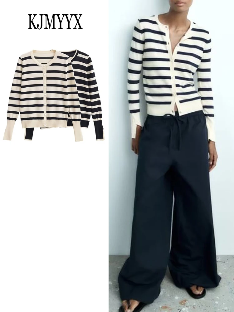 

KJMYYX 2023 Summer Women Fashion Striped Knitted Sweater Long Sleeve O-Neck Cardigan Simple Vintage Causal Single Breasted Tops