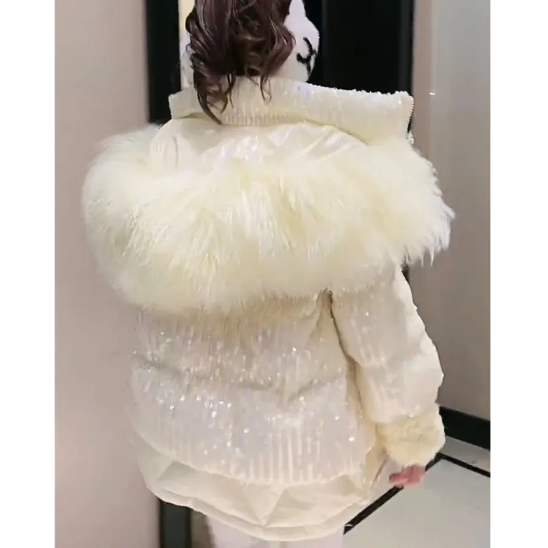 2022 New Winter Fashion Women Down Coats High Quality Large Fur Collar Hooded Parkas Sparkling Sequins White Duck Down Jacket