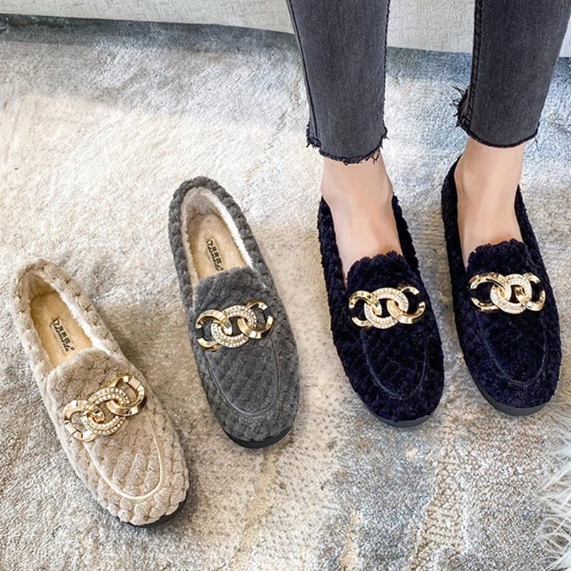 Fashion Chain Design Winter Warm Women's Plush Flat Shoes Outdoor  Loafers Office Wear Home Snow Boots Large Size 41-43 shoes