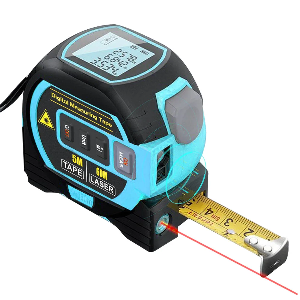 

3in1 Laser Rangefinder 5m Tape Measure Ruler LCD Display with Backlight Distance Meter Building Measurement Device Area Volumes