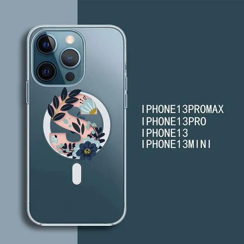 

Чехол для телефона с 26 буквами и цветами для iPhone 13 12 Mini Pro Max Прозрачный Супер Магнитный чехол MagSafe