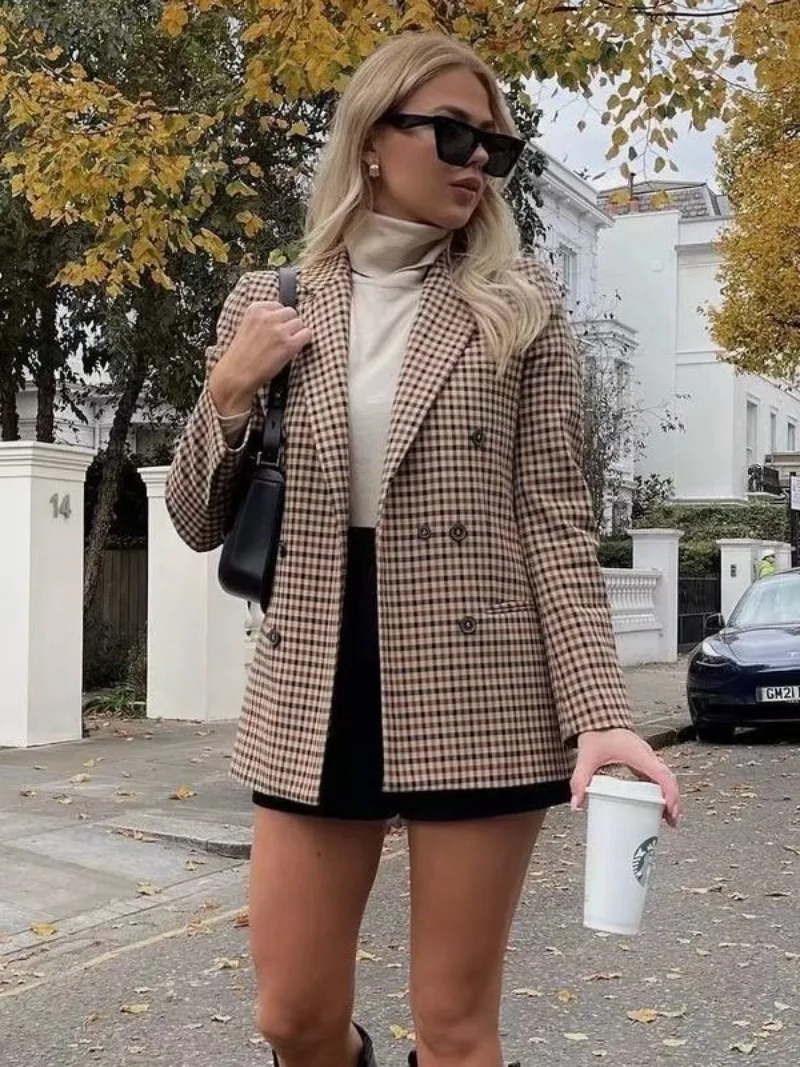 

Casual Blazers Women's Vintage Notched Long Sleeve Double Breasted Plaid Suits Fashion Streetwear Female Autumn Coat Outerwears