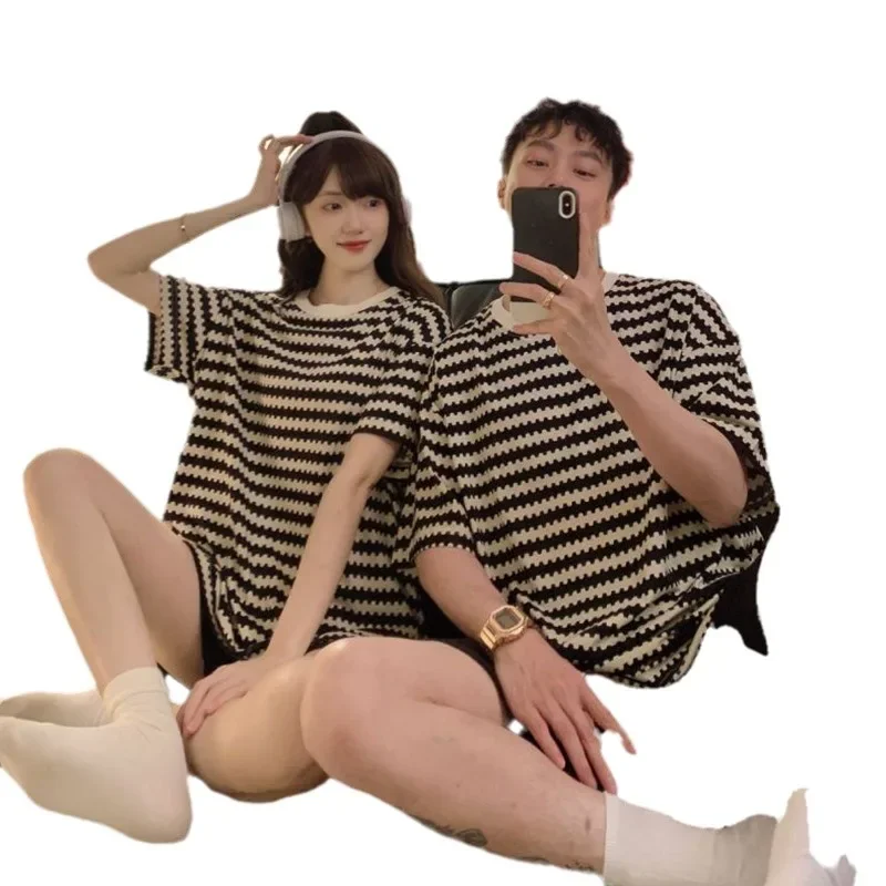 Простые корейские стильные пижамы для пар летние полосатые мужские и женские