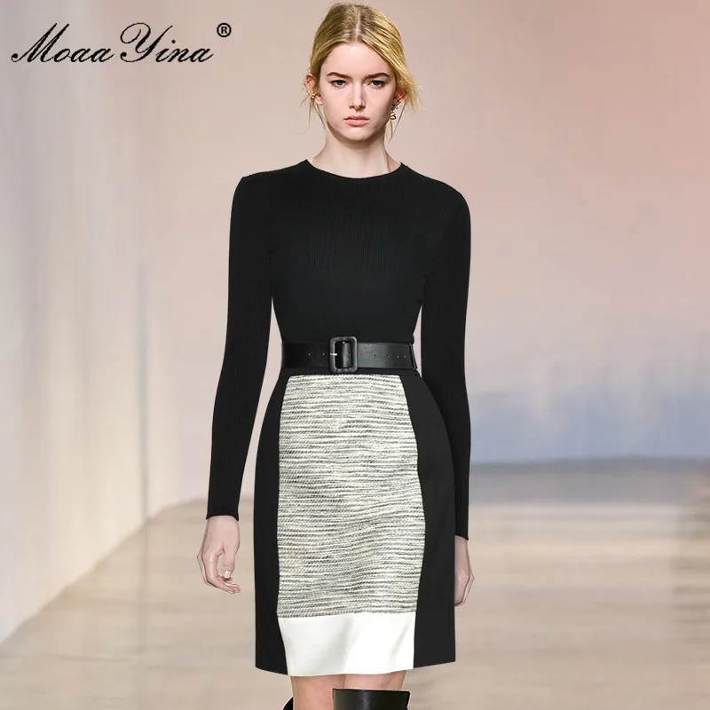 MoaaYina Fashion Runway Winter Spring Skirts Suit Women's Black Long Sleeve Knitted Sweater + A Line Stripes Skirt 2 Pieces Set enlarge