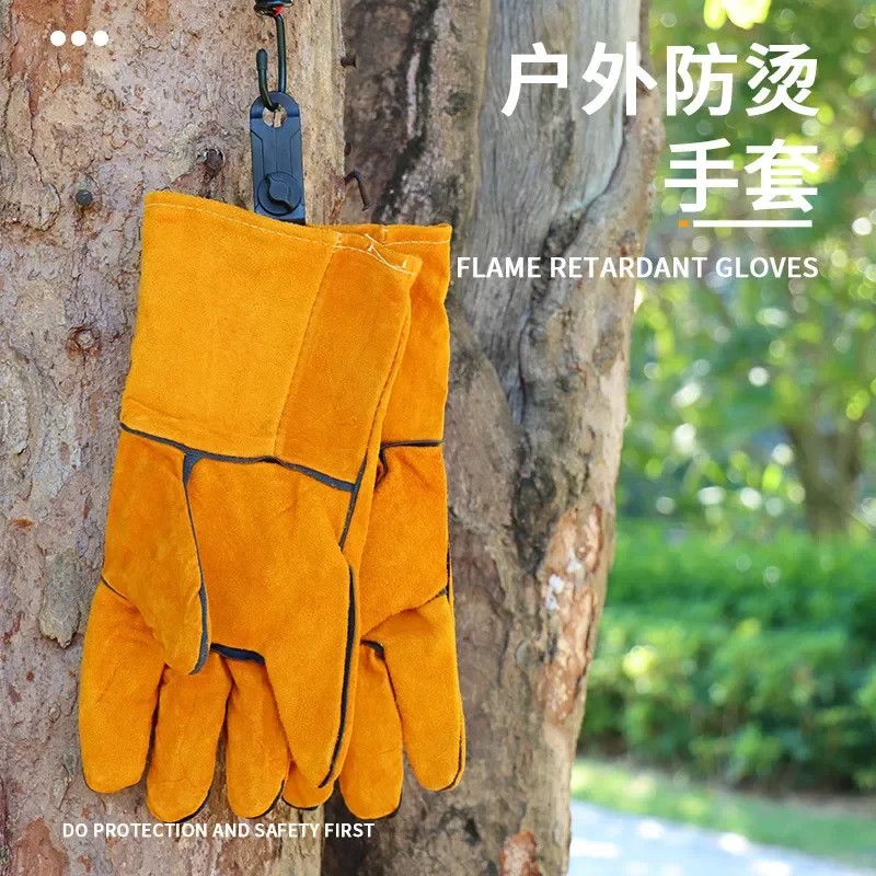 

Outdoor BBQ Long Style Anti Scald Gloves Camping Protective Gloves for Barbecue Cowhide Heat-resistant and Insulated Oven Gloves
