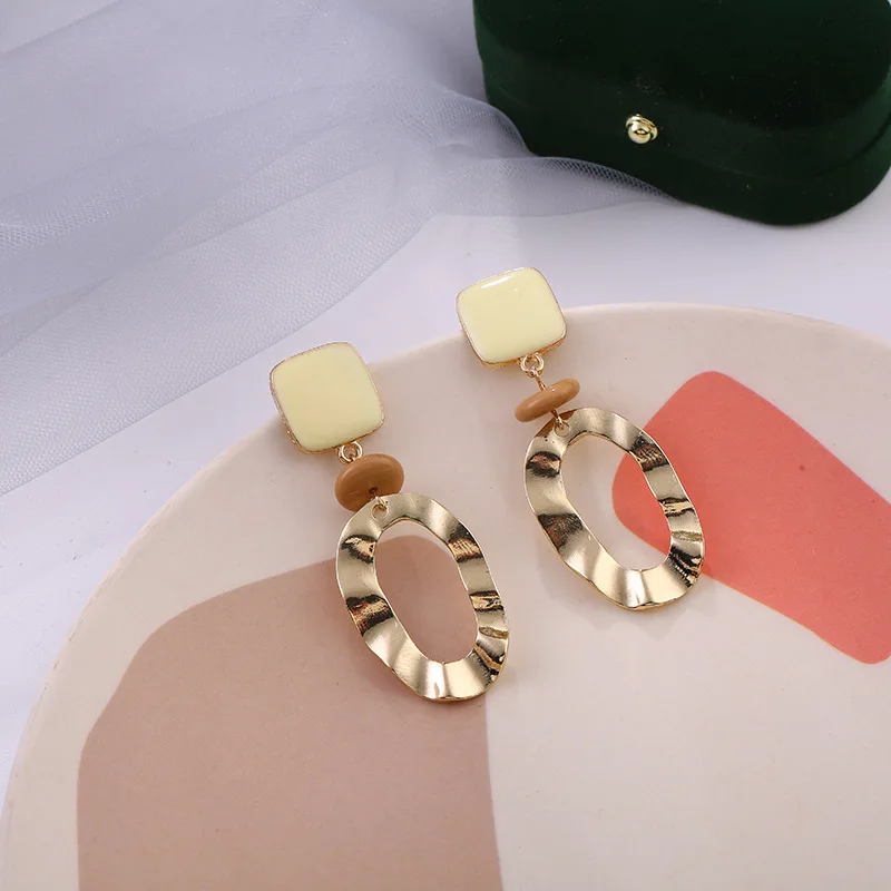 

Gold Color Wave Metal Geometric Drop Earrings for Women Enamel Square Clip On Earrings Korea Jewelry Gift 2022