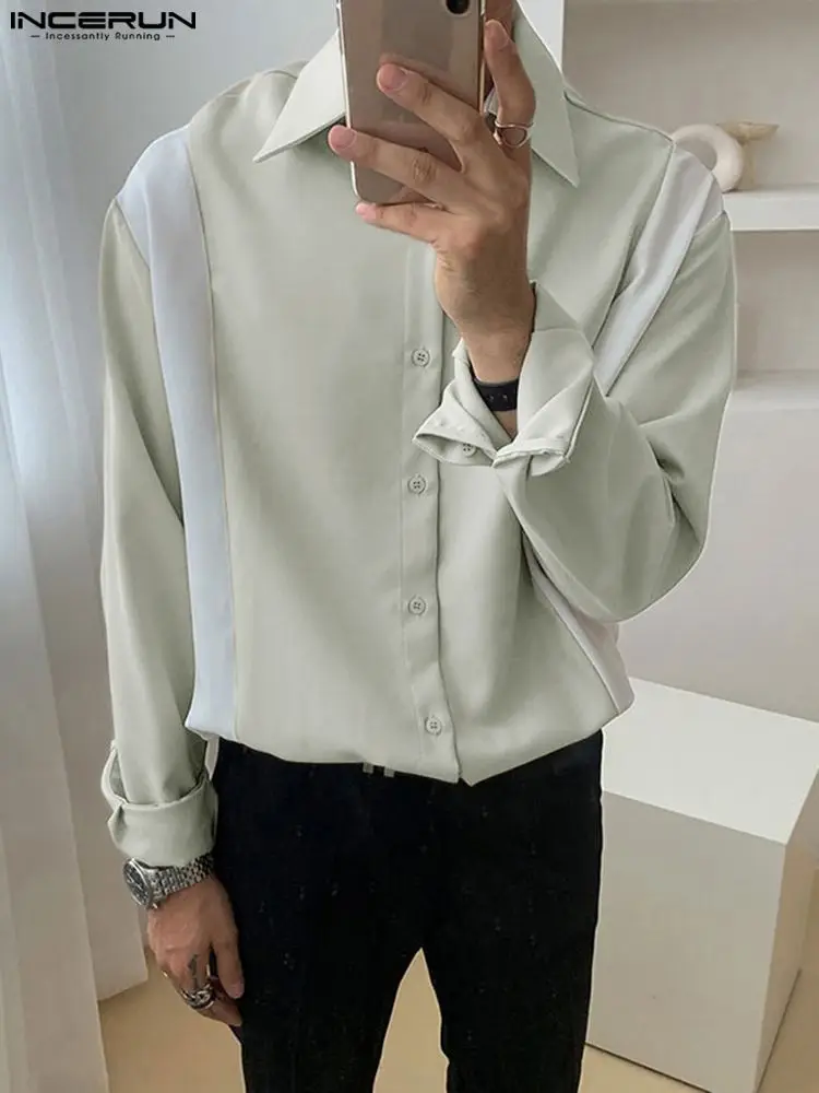 

Рубашка INCERUN мужская с отложным воротником, модная Повседневная Блузка с длинными рукавами, уличная одежда в стиле пэчворк, дышащая, 2022