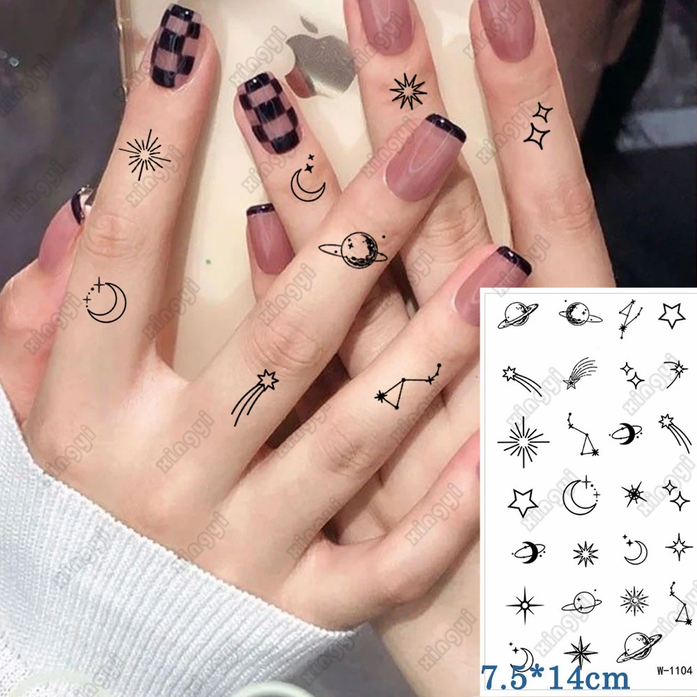

Водостойкая временная татуировка-наклейка, маленькая милая татуировка с солнцем, луной, звездой, хной, пальцами, планетой, флэш-Татуировка для женщин, мужчин и женщин
