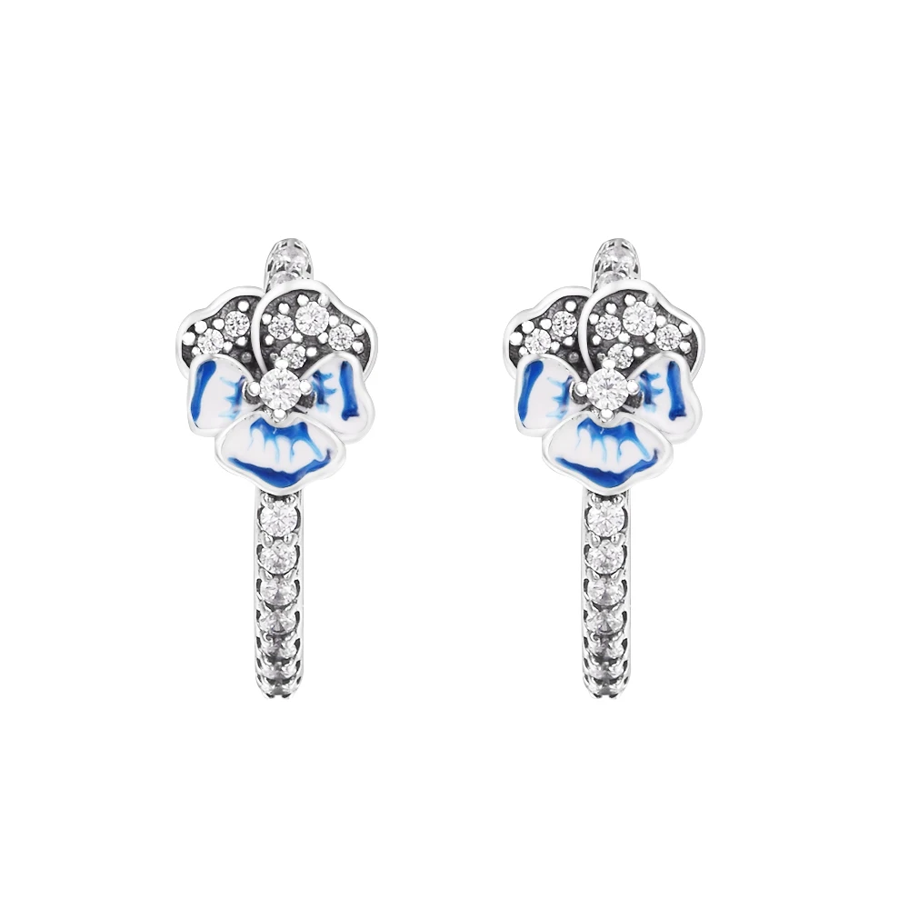 

2022 New 925 Sterling Silver Blue Pansy Flower Hoop Earrings for Women Teen Girls Fashion Jewelry Ear Brincos Wholesale