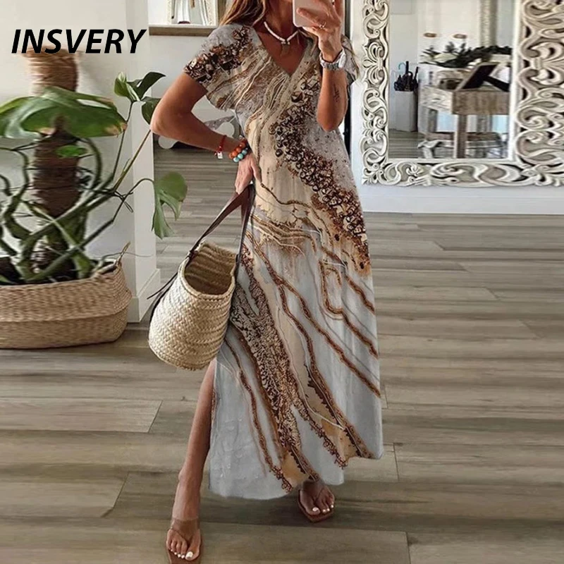 

Женское длинное платье с коротким рукавом, винтажное платье с принтом, богемное платье с V-образным вырезом и разрезом, модель 2022 на лето