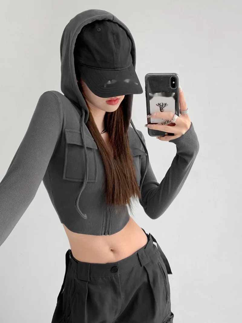 

WOMENGAGA Spice Girl Pocket Workwear Hooded Zip Cardigan Women High Waist Short Slim Long Sleeve Top Fashion Sweatshirt HEY4