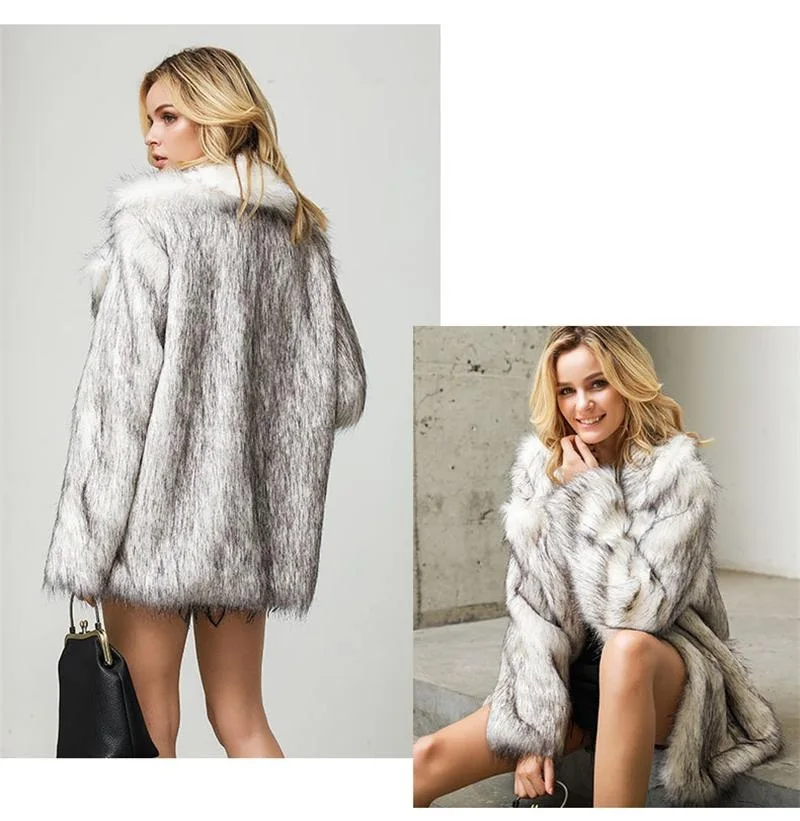 Women's Autumn Winter 2022 New Hot Street Personality Gradient White Black Medium Length Faux Fur Suit Jacket