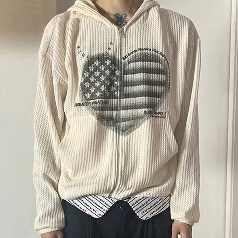 

American Flag The Stars And Stripes Heart Print Loose Waffle Hoodie Women Clothes 2022 New In Zip-up Hooded Cardigan Coat