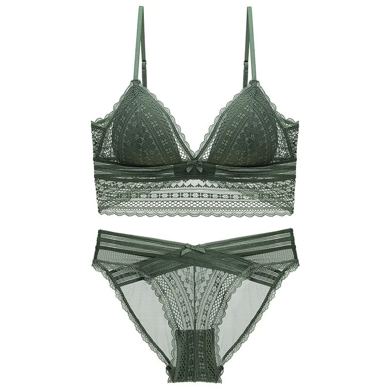 

No Underwire Bra Sexy Lace Triangle Cup Bow Gather Underwear Women's Suit