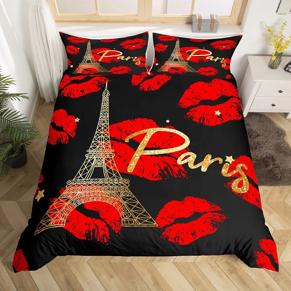 

Paris Duvet Cover Set Red Lips Kiss Marks Decor Bedding Set 3pcs for Girls and Adults Eiffel Tower Comforter Cover Quilt Cover