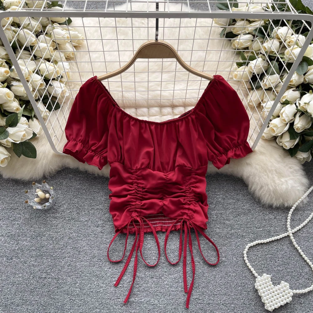 

Sexy Slash Neck Puff Sleeve Chiffon Shirts Women 2023 New Summer Solid Color Shirring Female Blouses French Style Short Top