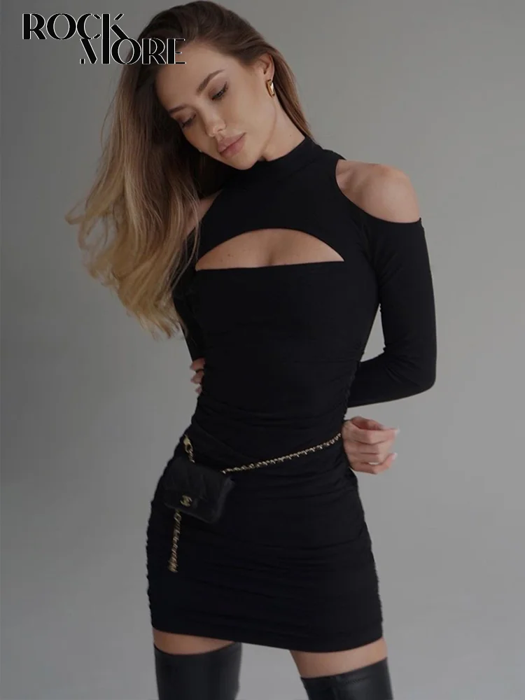 

Rockmore Black Off Shoulder Sexy Cutout Dresses Bodycon Women Fashion Clubwear Long Sleeve Mini Dress Streetwear Elegant Clothes