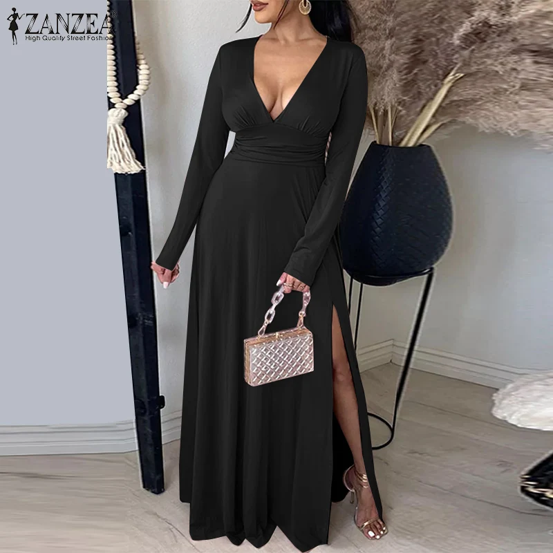 

2022 Fashion Party Sexy Maxi Dress Women Elegant Solid Knitted Vestido ZANZEA Spring V Neck Robe Longue Lady Waist Spilt Dresses