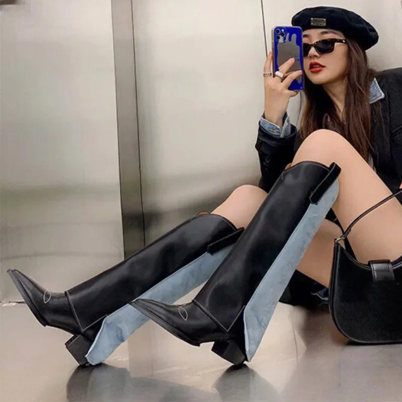 

Korean Denim Patchwork Trouser Boots Women New Winter Fashion Embroidery Pointed Toe Knee Long Street Model Boots Botas De Mujer